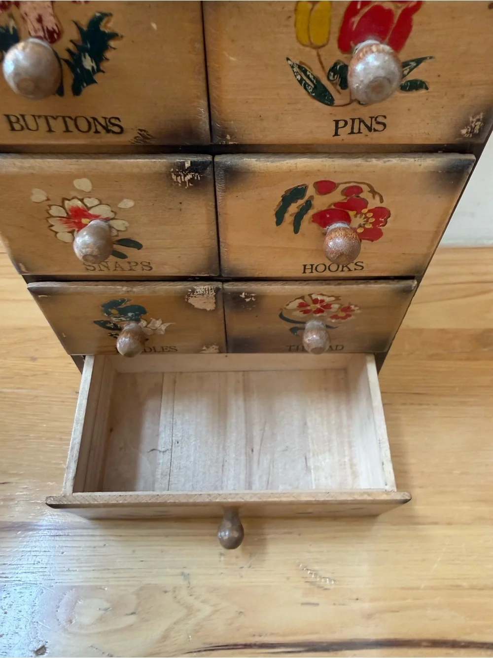 Hand-Painted Yellow Sewing Storage Organizer with Floral Drawers
